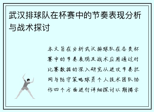 武汉排球队在杯赛中的节奏表现分析与战术探讨